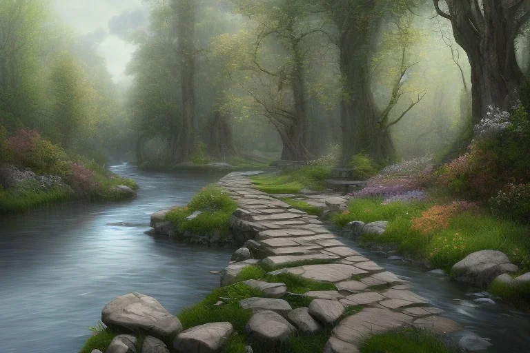  winding stone path lit river