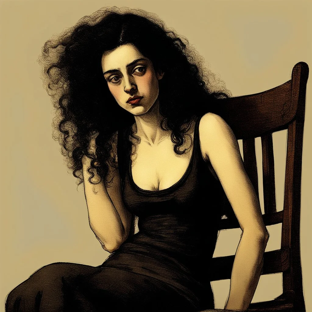 Breathtaking arab 30 years old woman with pale skin she is sitting on an old chair and has a tiny tanktop from the waist up, she has long black curly hair, petite figure, wide hips, prominent nose, thick lips, she has just been slapped around, by Egon Schiele, gustave dore, david mann, retro vintage style, hd photography, hyperrealism, graphite pencil drawing, realistic, natural, b&w illustration, fine art, beautiful watercolor painting, realistic, detailed, by olga shvartsur, svetlana novikova