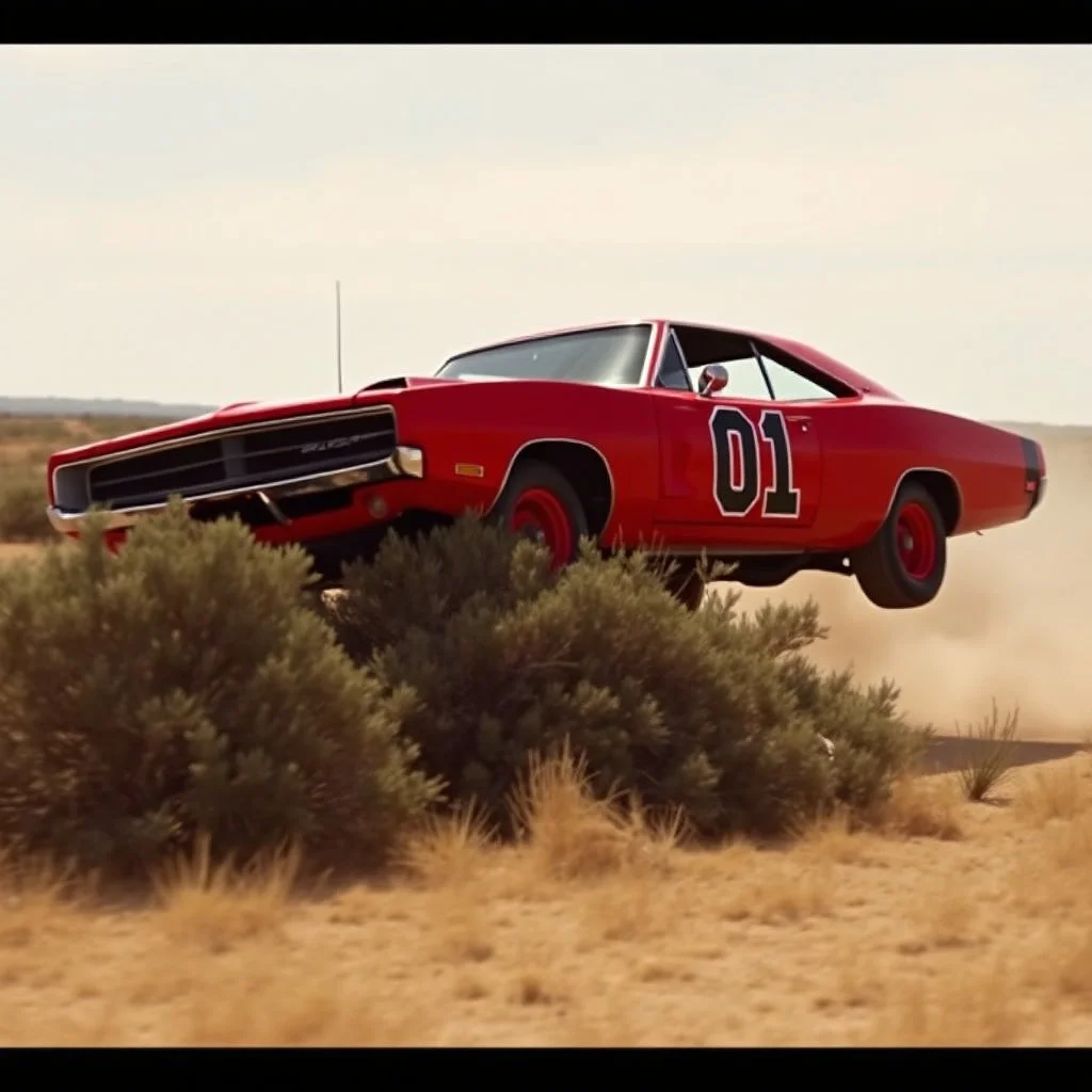 dramatic angle of dukes of hazard's general lee - 1969 red dodge charger with "01" on side jumping over a bush in a dusty field