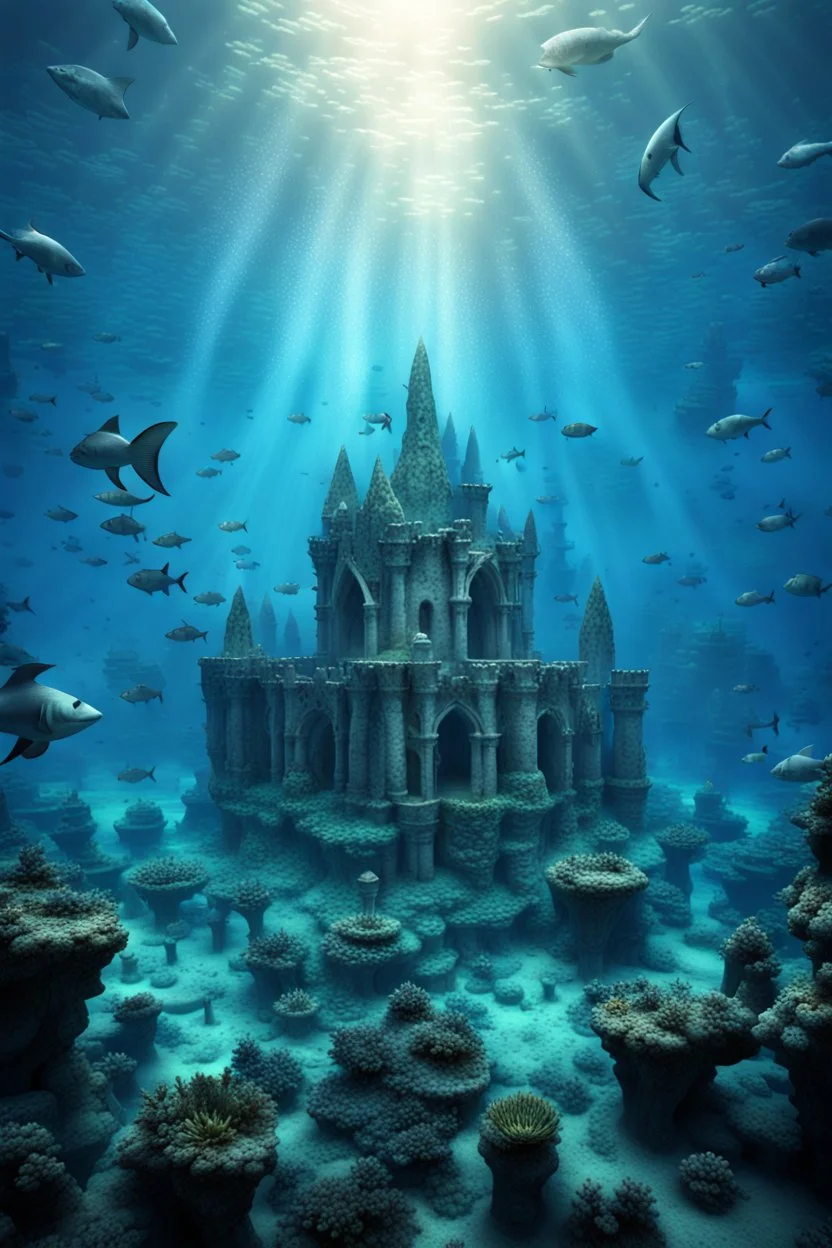 an ancient weird ruins castle from atlantis in the middle of the ocean surrounded by fish, digital fantasy art, in deep sea water, it is an stunning etheral old place, an ecological gothic scene, underwater photograph, reconstruction, stunning ruins, flooded monuments, high detalies, sharp focus, realistic