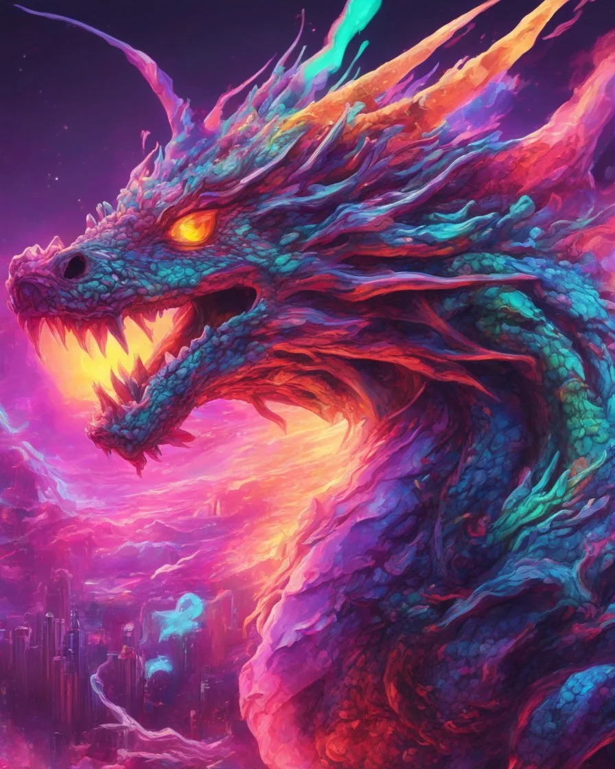 Close up shot, Dragon in a vibrant synthwave dreamscape, neon chaos swirling energetically around pixelated forms, a dynamic fusion of retro gaming nostalgia and futuristic abstraction