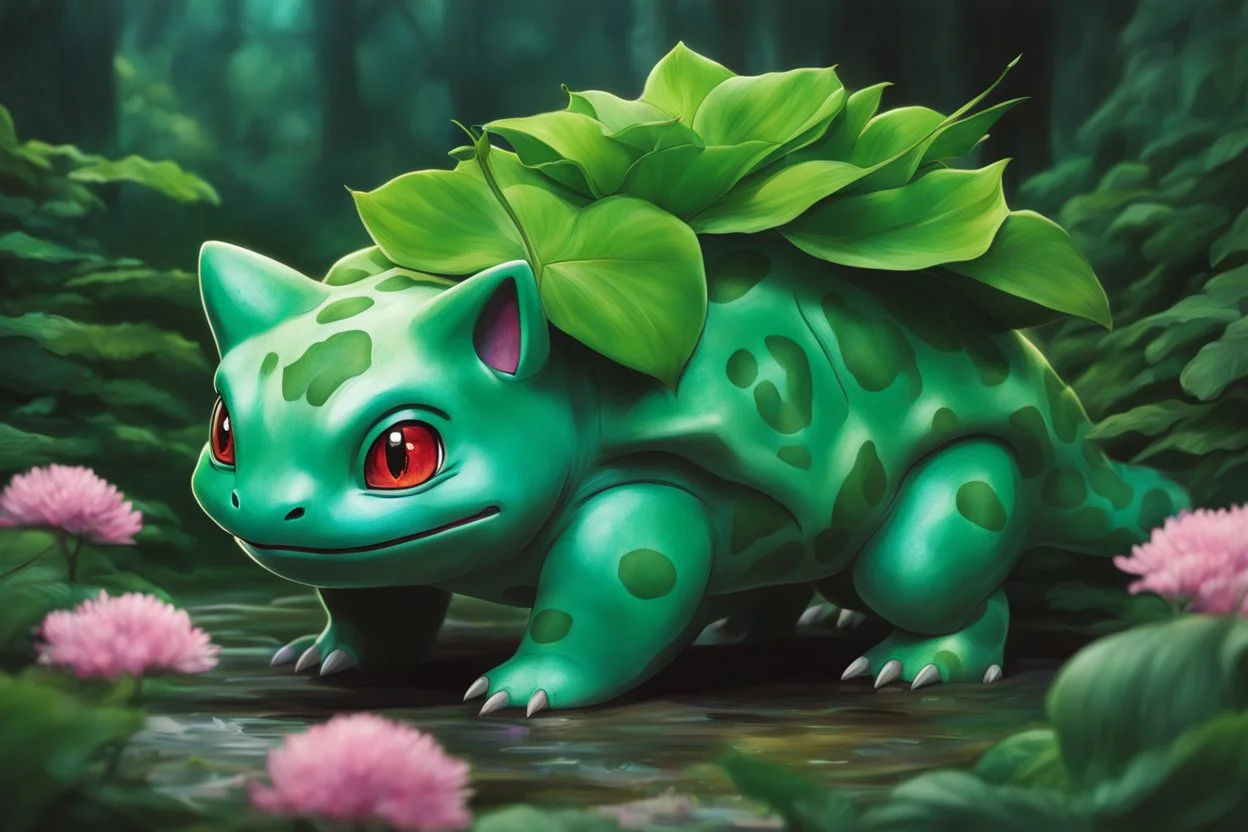 Huge Bulbasaur in 8k Hayao Miyazaki draw style, neon effect, close picture, highly detailed, high details, detailed portrait, masterpiece,ultra detailed, ultra quality