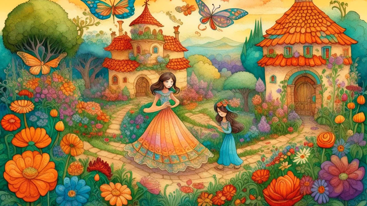 A vibrant watercolor illustration depicting a Mexican fairy tale, with intricate details of traditional clothing and architecture. The scene shows a magical creature granting a wish to a humble villager in a lush garden filled with colorful flowers and butterflies. The suffix adds a dreamlike quality to the overall composition, enhancing the whimsical atmosphere