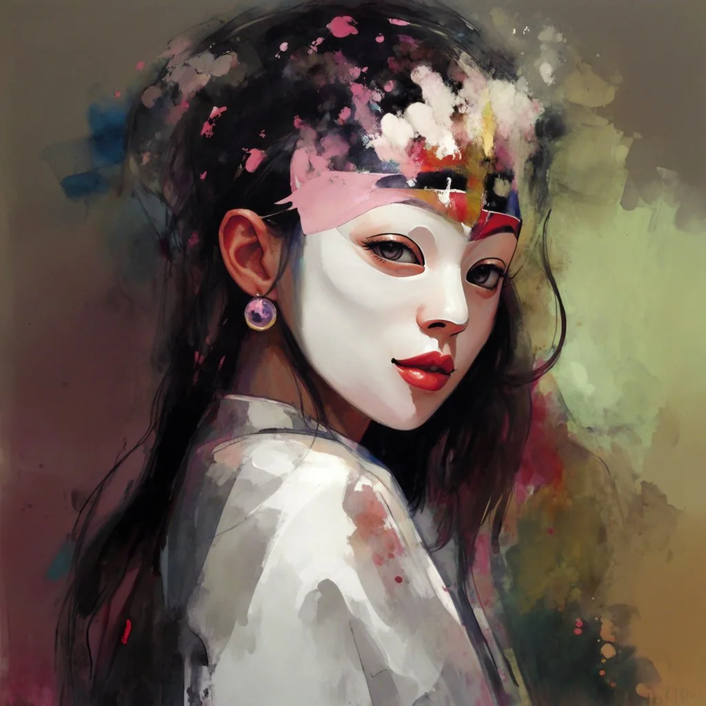 girl with a mask Watercolor.