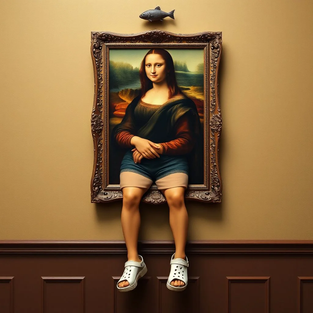 A painting of Mona Lisa on the wall, the frame with shorts and Crocs attached to her human legs