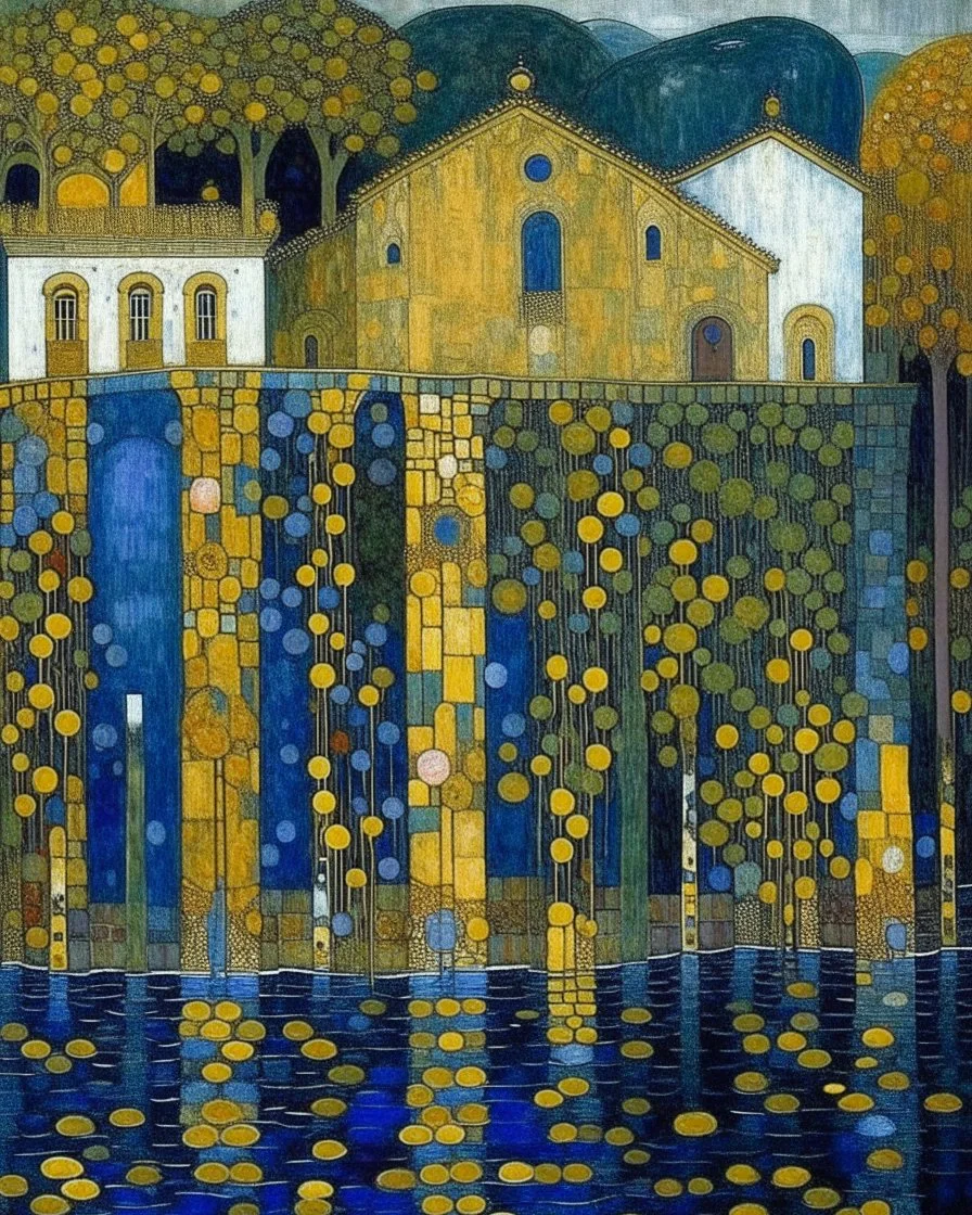 A haunted indigo castle painted by Gustav Klimt