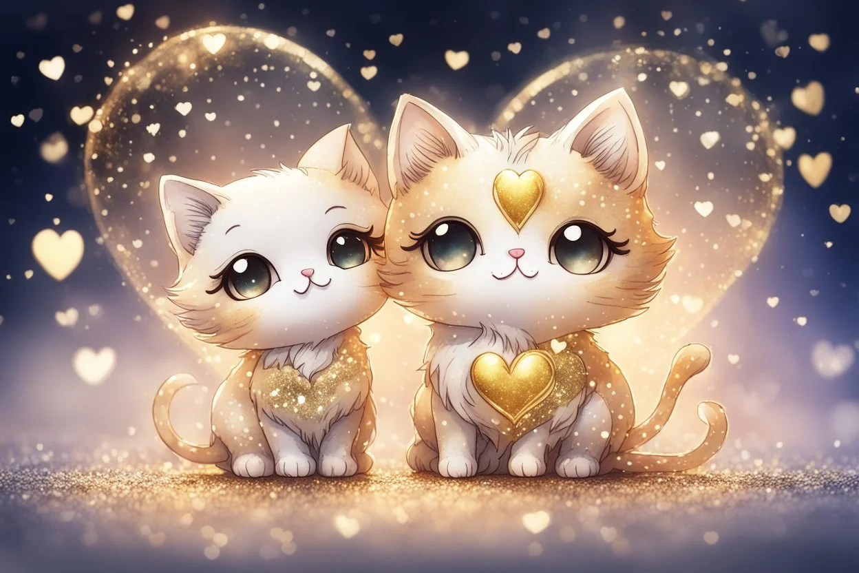 cute chibi cat couple, heart and love, watercolor and black ink outlines, sparkling golden glitter, ethereal, cinematic postprocessing, bokeh, dof