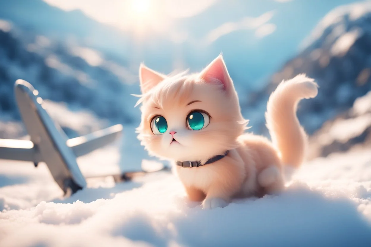 cute chibi anime frightened cat, crashed airplane in the snowy mountains in sunshine, ethereal, cinematic postprocessing, bokeh, dof