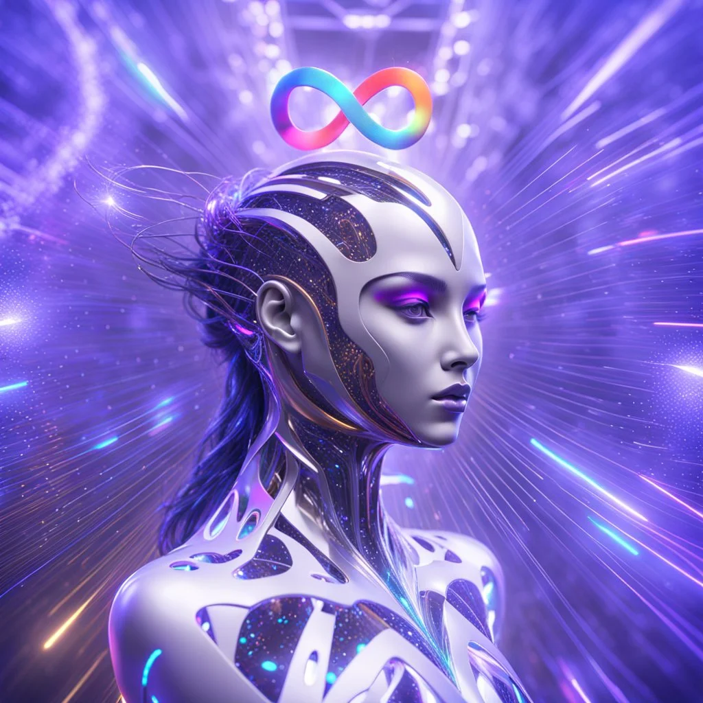 ∞ 3D infinity symbol, perfect infinity ∞, bright colors, +infinity totally-symmetrical ∞, head and upper body, cutting edge technology, exotic, inspiring, fantasy, scientific, friendly, beautiful, octane render, 8k post-production, artstation: award-winning: atmospheric: commanding: fantastical: clarity: 16k: ultra quality: striking: brilliance: liquid medium: stunning colors: amazing depth; lens: f/8, 24mm