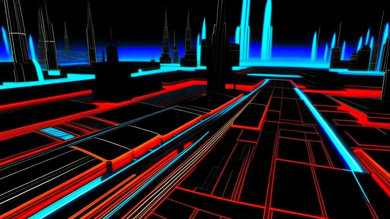 tron legacy, blue, red and orange, city