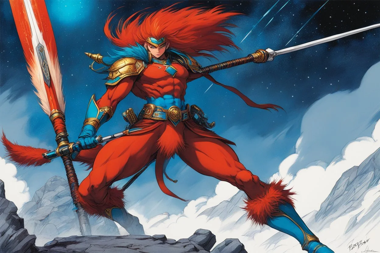 (in the style of Orion, by Masamune Shirow) Subject & Action: A tall and slender red Fuzzum, with deep-seated, wise eyes and an intense, focused expression, poised as if on the edge of a great throw. He grips a long, bone-handled javelin with bands of cosmic turquoise and deep orange, his feathered hands steady and sure. Environment & Setting: The Fuzzum stands upon the desolate, yet vibrant, terrain of Dandelo. The background is a dense forest of iridescent fungi and towering, crystal-like plan