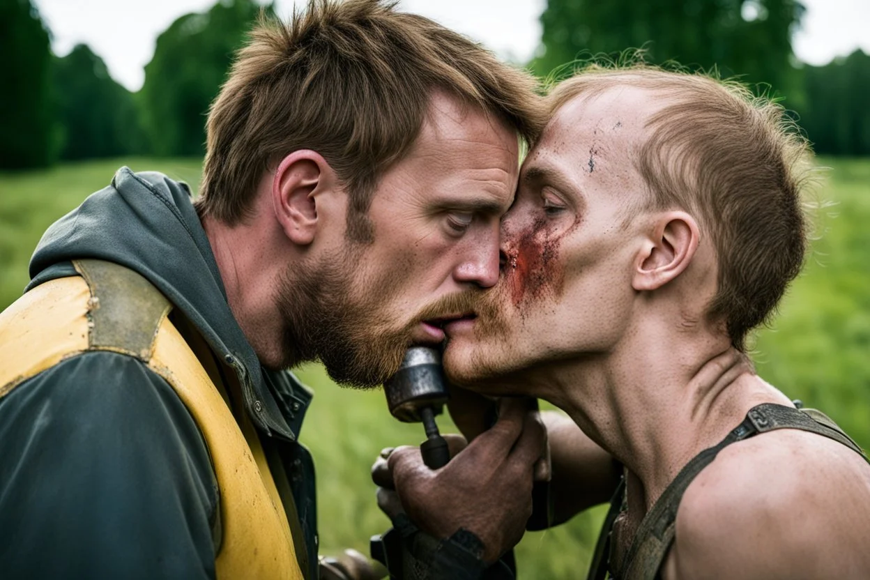 667711 portrait of a broken head mechanic, kissing a hybrid mixed body part big (sheep), fixing (far away old land rover 4x4 discovery 2) in the countryside