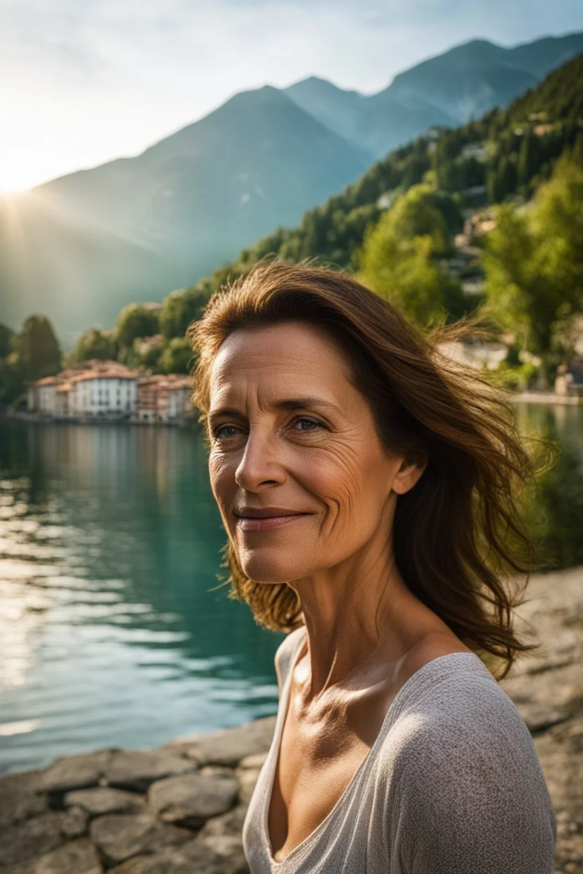 Create a realistic photograph of a small Italian town at Como Lake in late spring with a portrait of a 45-year-old, beautiful, slim Polish woman with brown hair. Use a 24 mm lens and a Fuji T30 camera, mild light, warm, golden hour, photo from a distance.