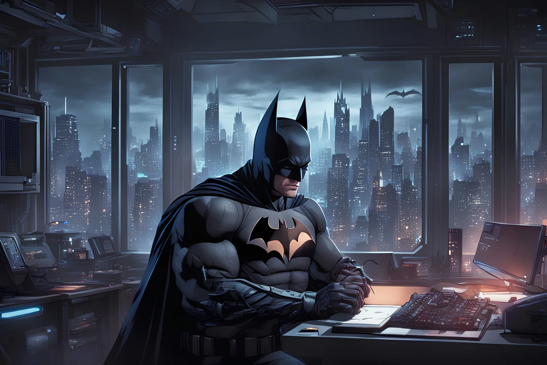 Batman coding in his apartment overlooking Gotham City in year 3000