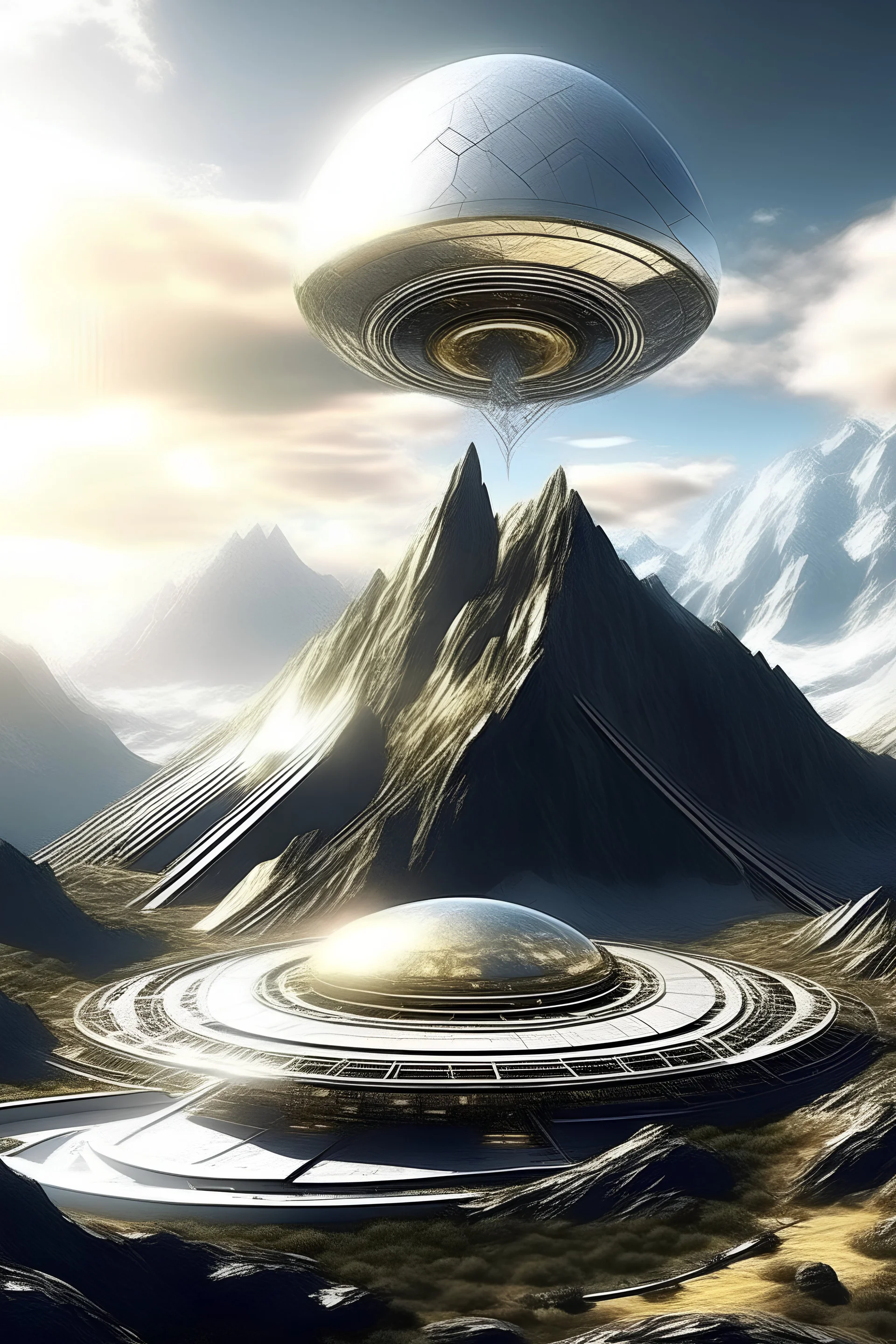 futuristic mountain cosmic and ufo metal silver gold