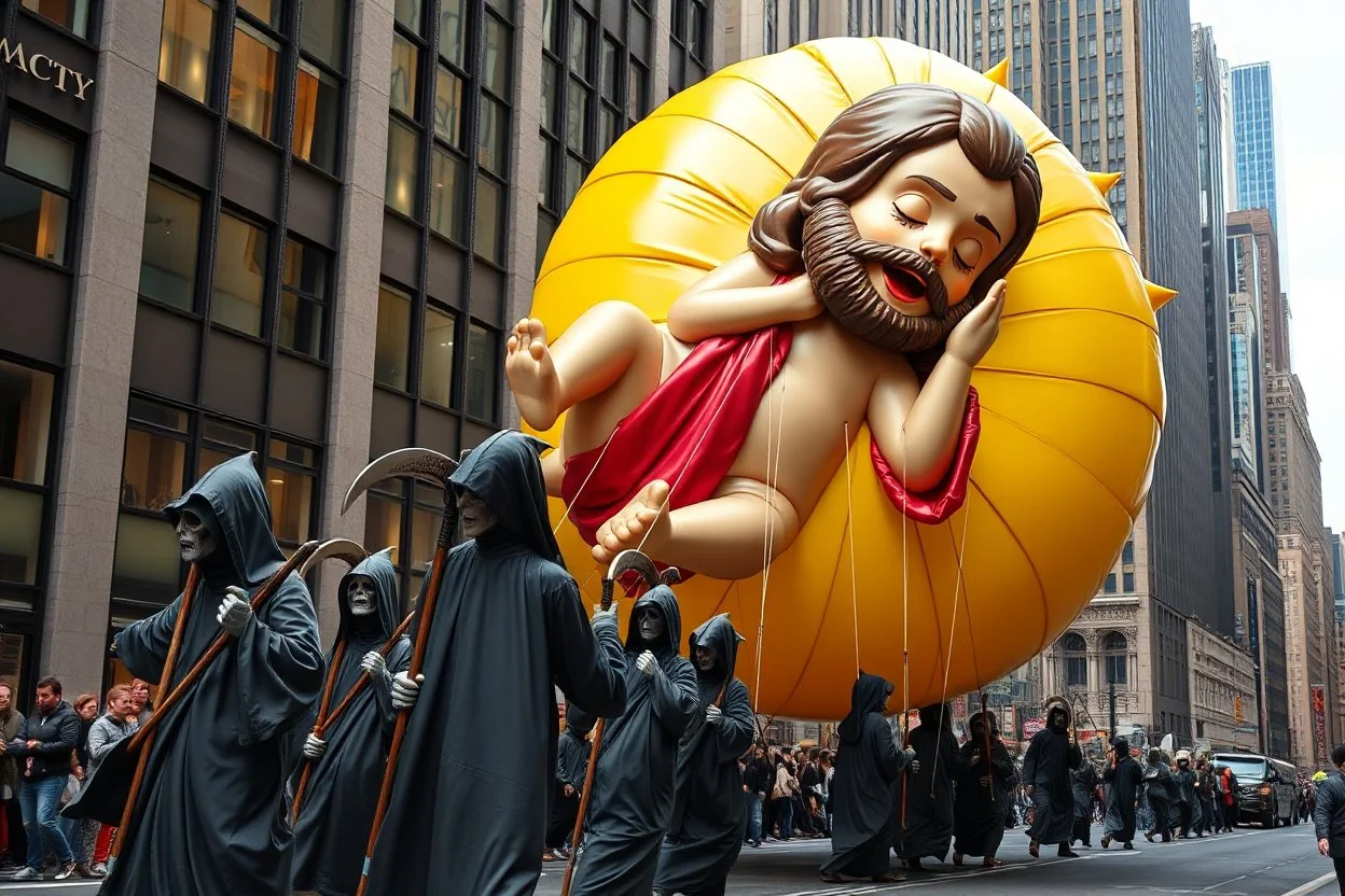 macys thanksgiving day parade style cartoonish giant baby jesus floating parade balloon pulled by multiple grim reapers, multi colored, bright, vivid, psychedelic, high detailed, high gloss, insanely detailed, matte, horrorcore, lining the street, unsettling contrast, monument to death, live action shot grim reaper parade, pulling a jesus parade float