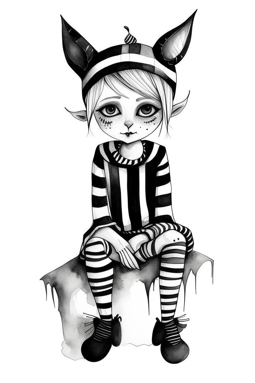 Watercolor black and white magic pixie with striped socks