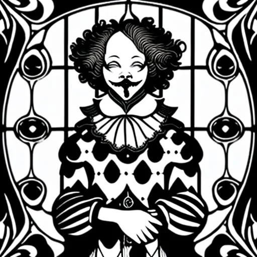 Storybook illustration of a Pierrot Clown, black and white, Beardsely style, art nouveau elements, vintage drawing, pierrot vintage, black and white marble floor