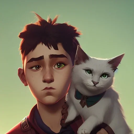 Portrait of a kid with his magical cat by Nick Harris