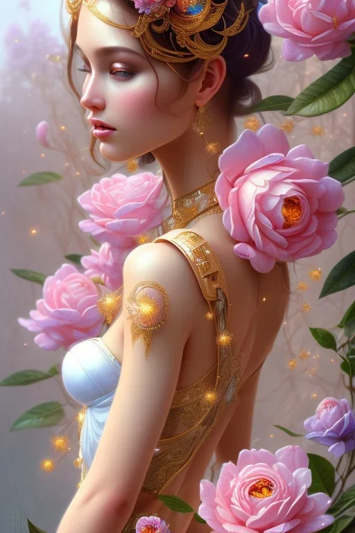 new year sexy faery, gardenia flowers, colorful, cute, intricate, laughing , elegant, highly detailed, digital painting, artstation, concept art, smooth, sharp focus, illustration, art by artgerm and greg rutkowski and alphonse mucha