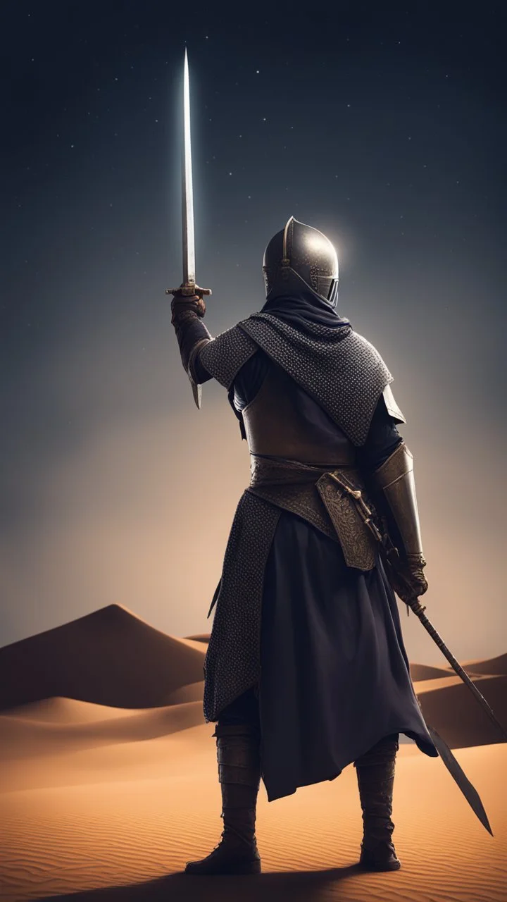 Make me a picture of a Muslim knight, holding a sword in his hand, standing in a desert, at night, with his back to the screen.