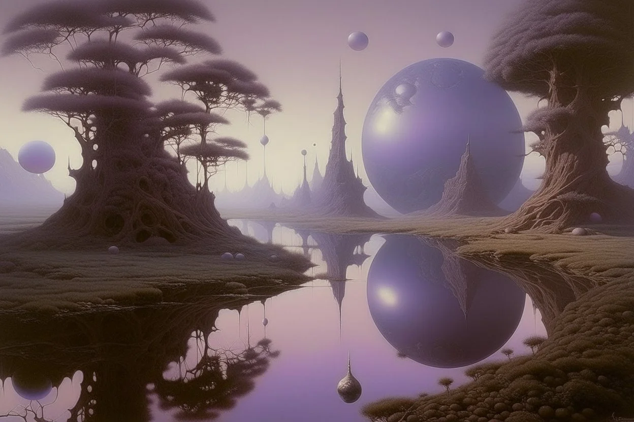 A light purple realm with magical mirrors painted by Casper David Friedrich