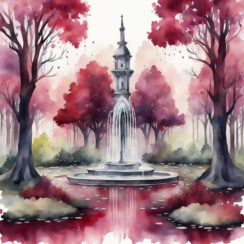 Watercolor burgundy gothic style nature forest with fountain and trees