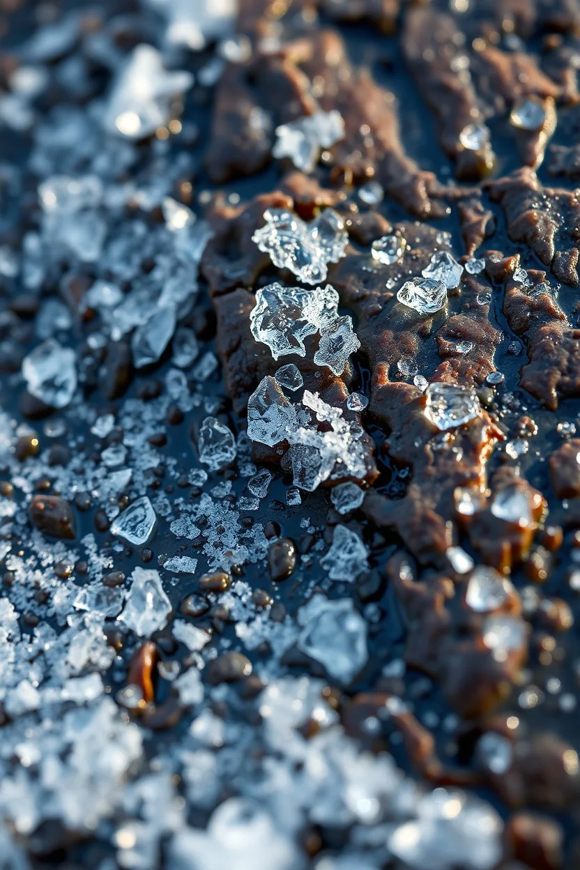 Ultra realistic macro photography of ice crystals forming on a wet rock surface, frozen water droplets, intricate natural frost patterns, soft cold light, extremely detailed micro textures, shallow depth of field, Canon EOS R5, 100mm macro lens, f/2.8, ISO 100, ultra photorealistic, 8k, nature macro photography