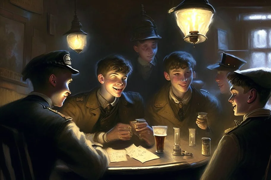 Smoky pub, cheerful young men drinking around a table, a policeman looking thoughtfully at the ID card of one of the boys, lamplight