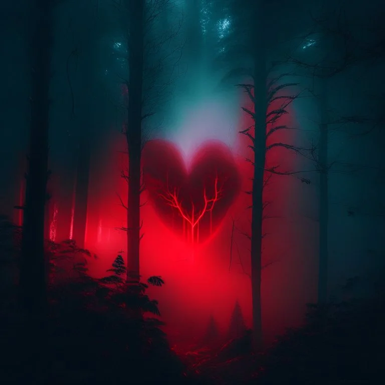 red fog in the forest at night with an electric heart