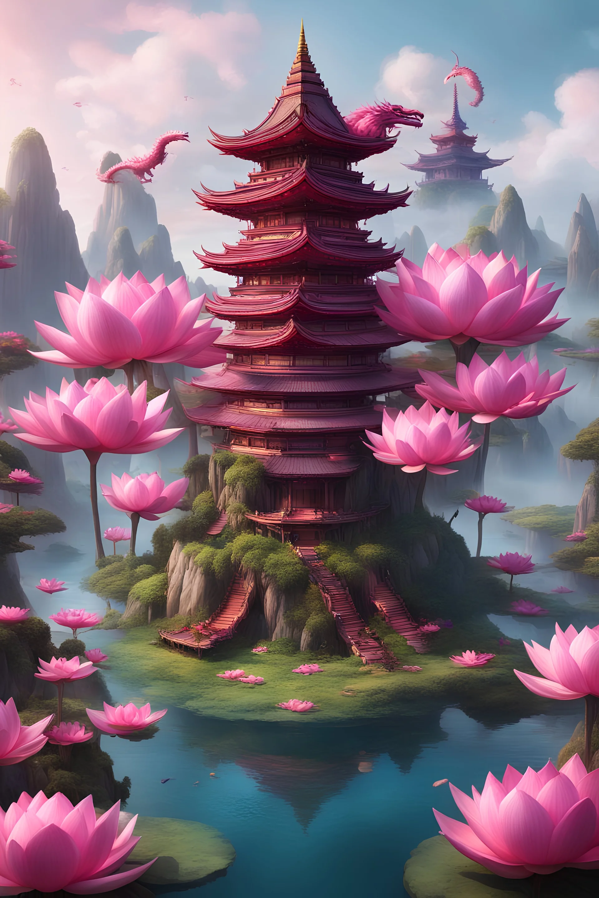 A floating island with water falls and many pink lotus trees with a pagoda in the middle of the island and a big red dragon that is flying in the skye