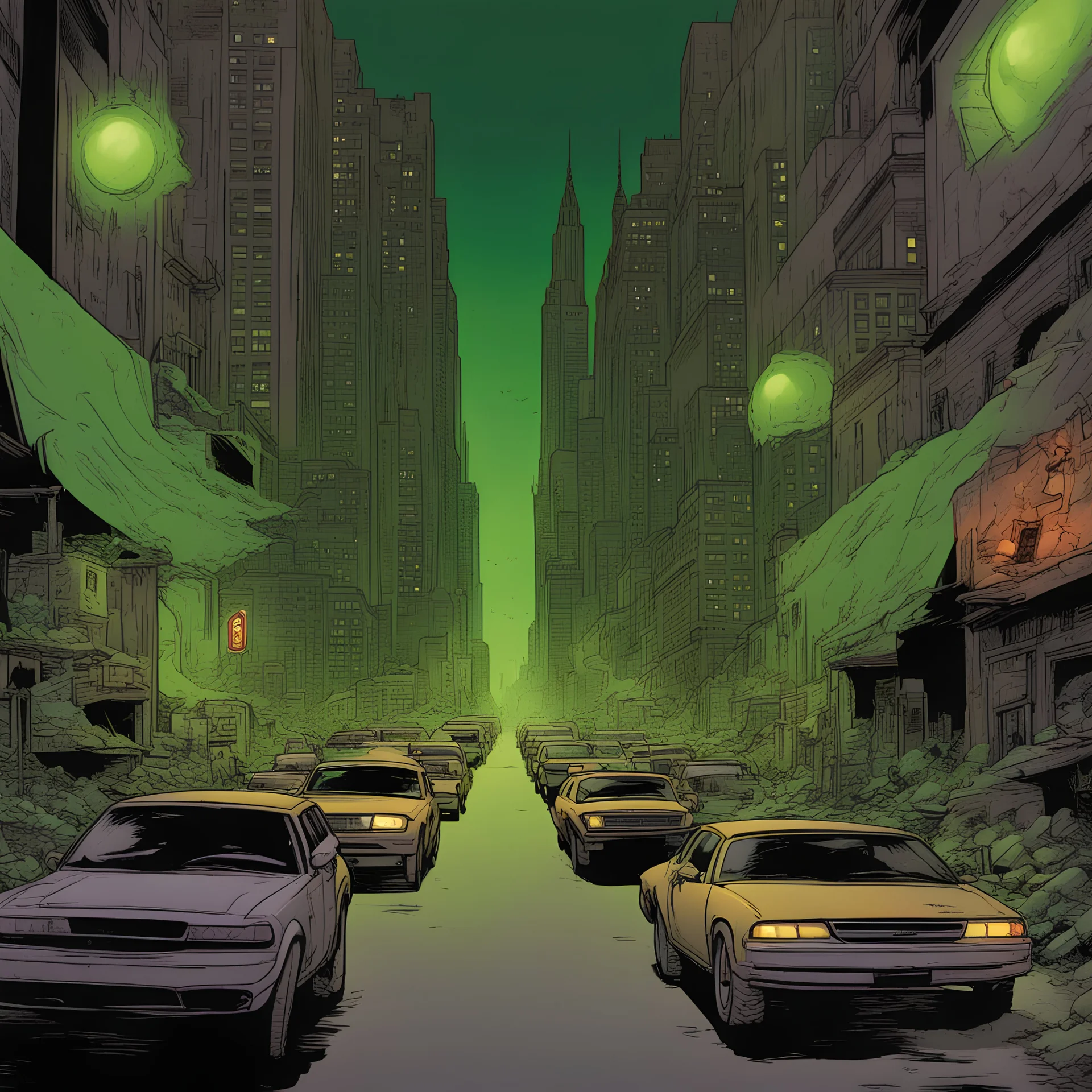 Cidade sendo dominada por uma luz verde brilhante, magia destrutiva, cores verdes, traço quadrinhos Marvel