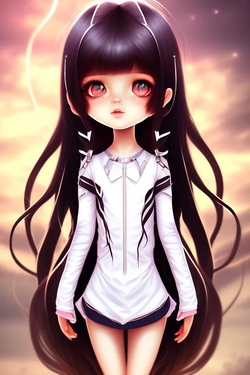 Loli, hands behind back, wholesome, innocent, long black hair, tilted head, brown