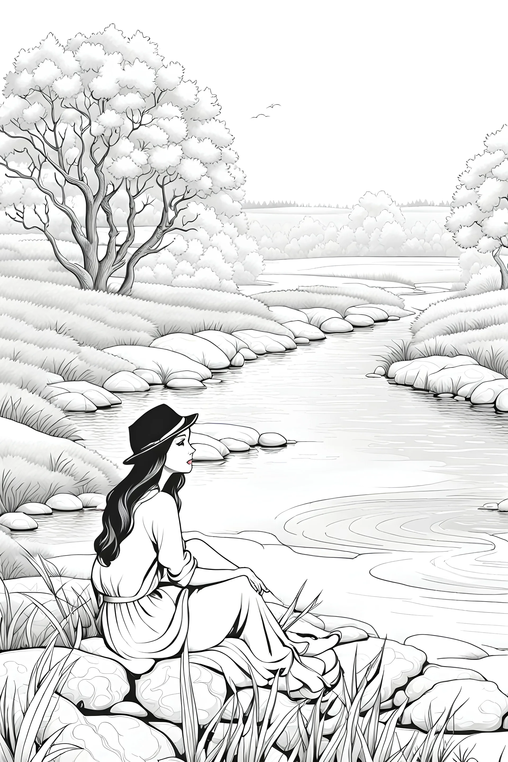 B/W outline art,coloring book page, full white, super detailed illustration for adult,cartoon style "The Serenity of the Countryside: A Beautiful Girl Sitting by the River" coloring pages, crisp line, line art, high resolution,cartoon style, smooth, law details, no shading, no fill, white background, clean line art,law background details, Sketch style, strong and clean outline, strong and black outline