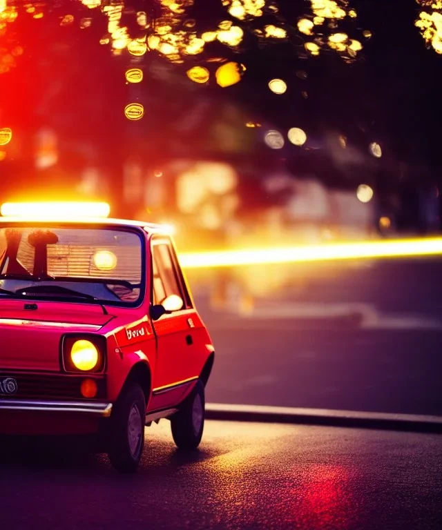 fiat 126p, city. high speed. bokeh. lens flare. warm lights. high detailed