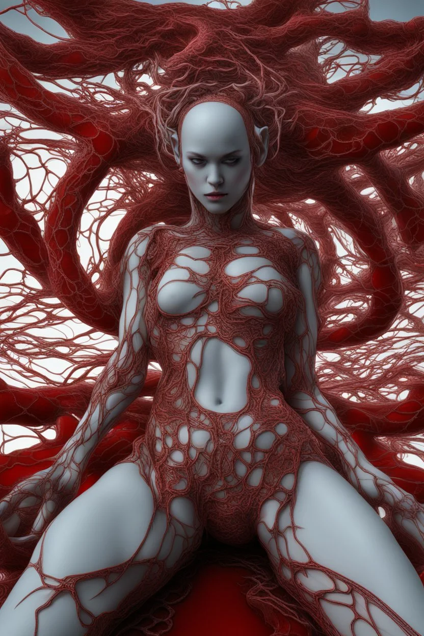 arafed woman laying on the ground with a red net, fractal veins. cyborg, mind-bending digital art, intricate transhuman, cybernetic demon dreaming, fractal veins. dragon cyborg, 3d render digital art, intricate 3 d illustration, intricate artwork. octane render, 3 d neon art of a womens body, digital art render