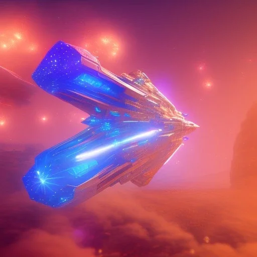 a crystalised blue pink spaceship, gold, diamonds, lightbeams, cosmic background, atmospheric, realistic, unreal engine, 8k. Cinematic lighting, octane render.