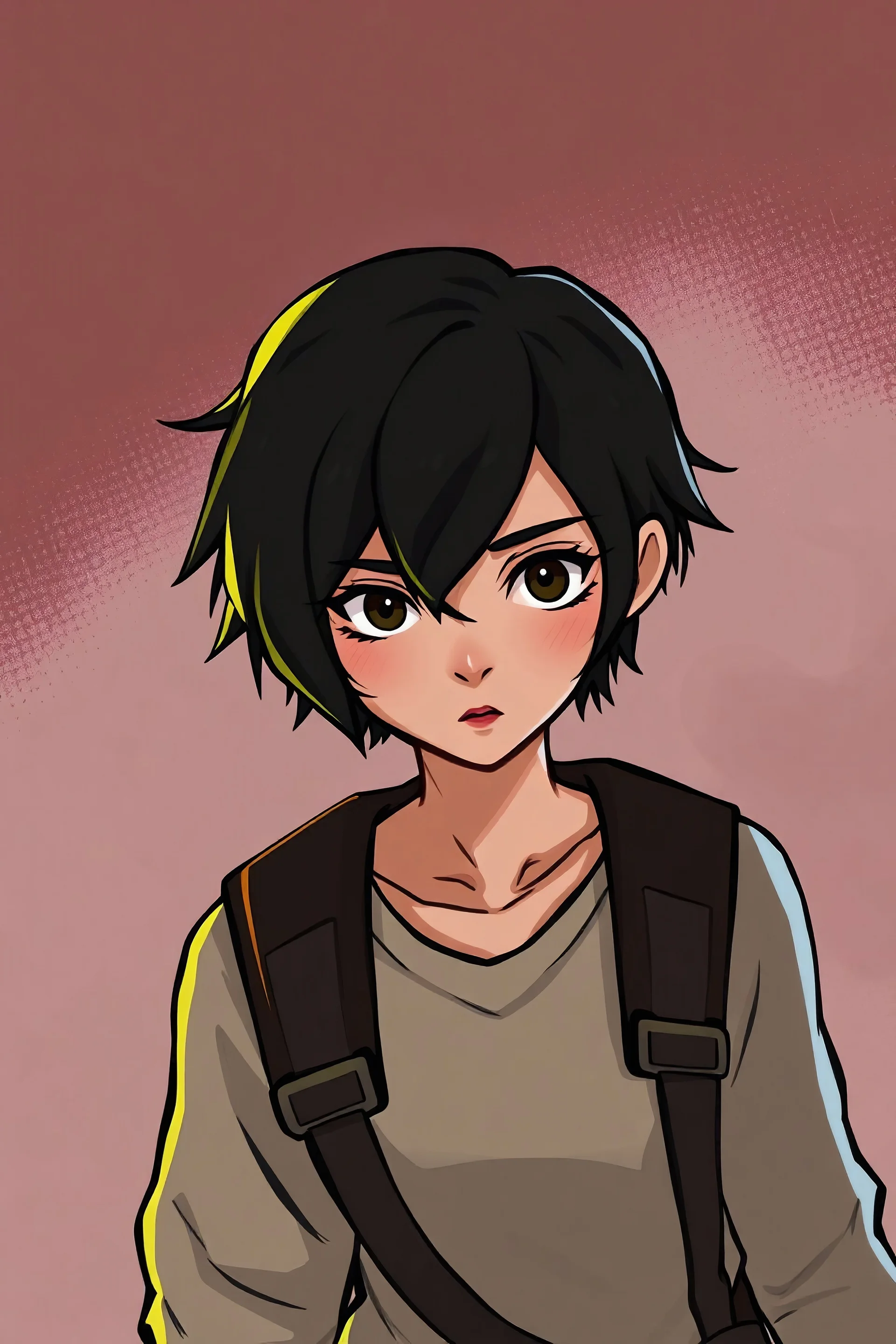 The girl is short with disheveled dark hair from the game Team Fortress2 Pyro class