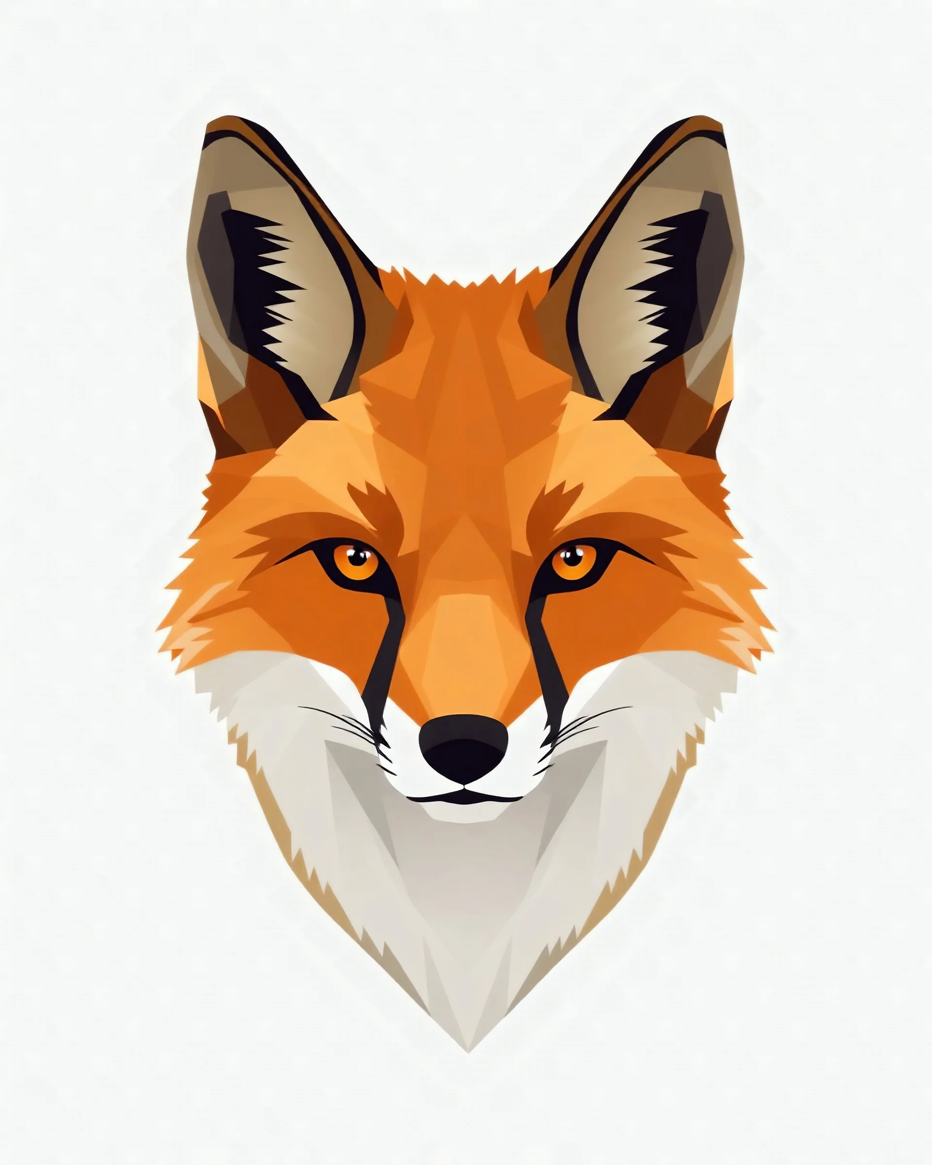 A smooth geometric low-poly style illustration of a fox's head, with straight looking uncut point of view, in white background