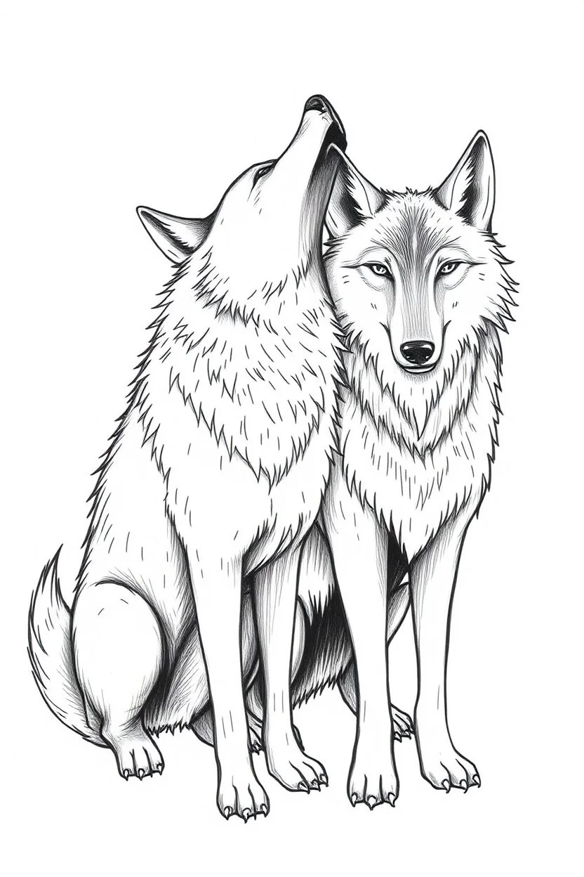 two wolves 1.honest wolf and 2.commercial wolf funny drawing by hand