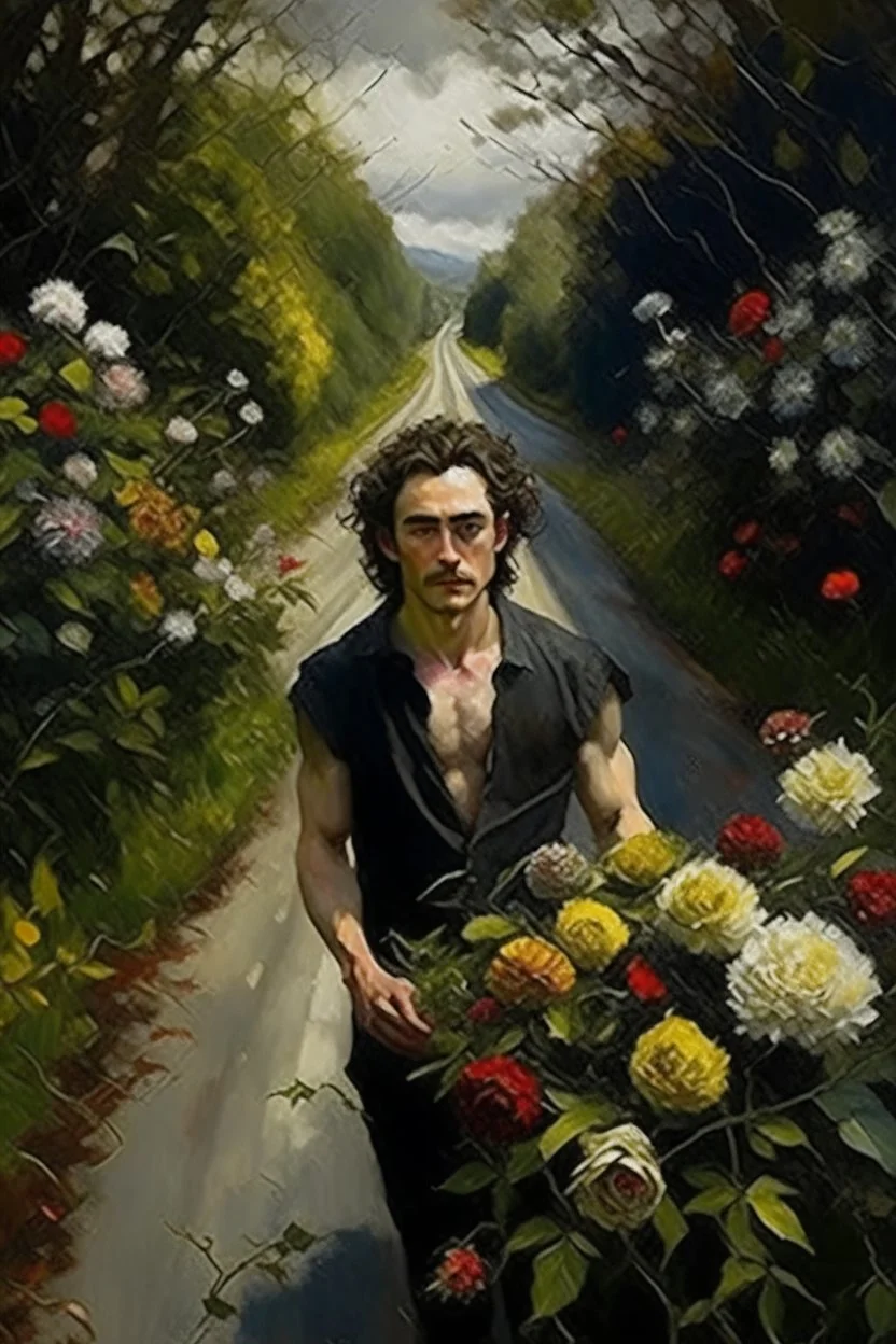 Oil painting expresses a road full of beautiful flowers and around this road thick thorns and at the end of the road stands a very handsome man with black hair oil painting