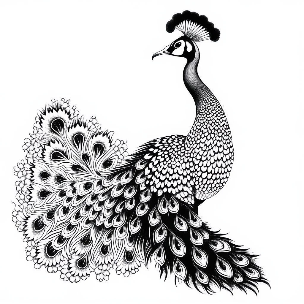 white, A peacock have a two foot white flower decoration, line art, white background, outline, with images neatly contained within the background, just black and white color, full body, no color. Looking front , front view, 8k