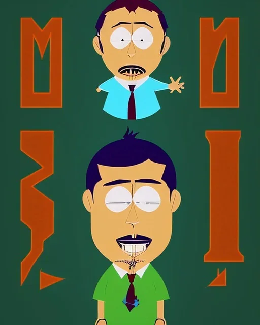 a tall rattled guy with short dark hair tousled on top, a long neck and long limbs and is wearing a t-shirt with a shirt over and skinny jeans. South park