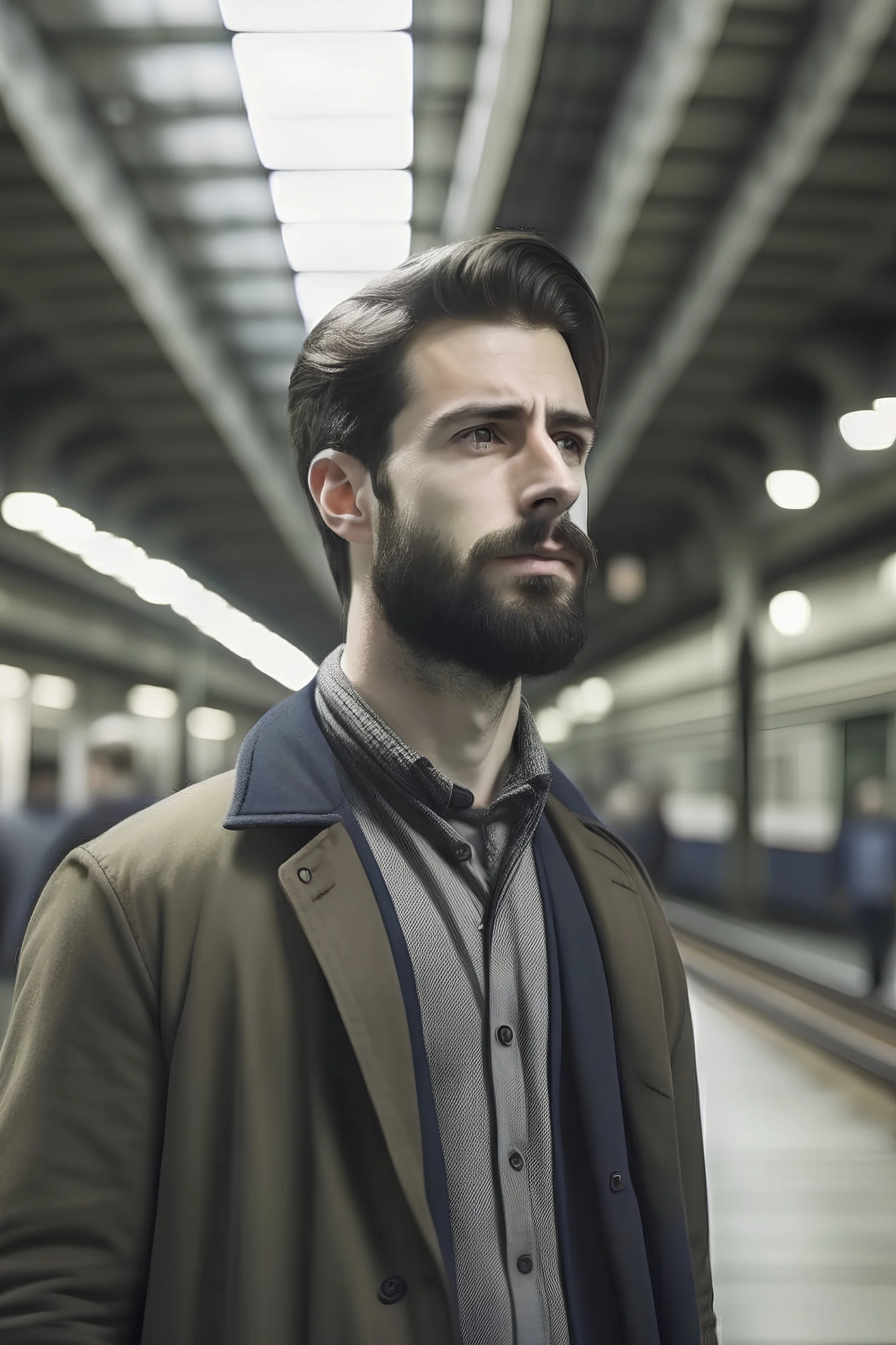 Handsome young man with short beard tall masculine age 26 on railway station
