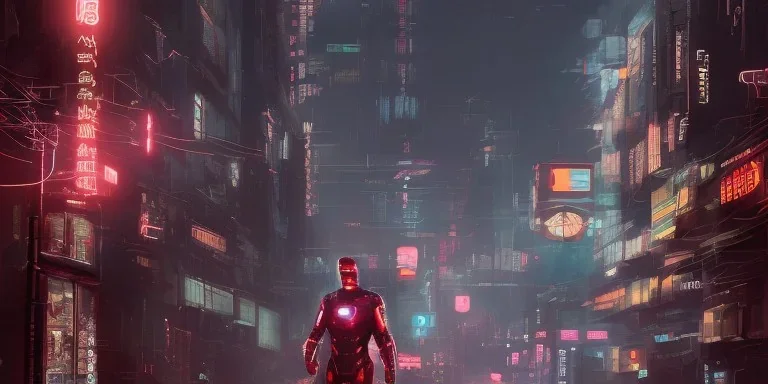 iron man right side, full boy, A professional night photo of a far-future cyberpunk city, shanghai, by Alena Aenami and blade runner and akira, trending on Artstation, smooth, sharp focus, higly detailed, crowded