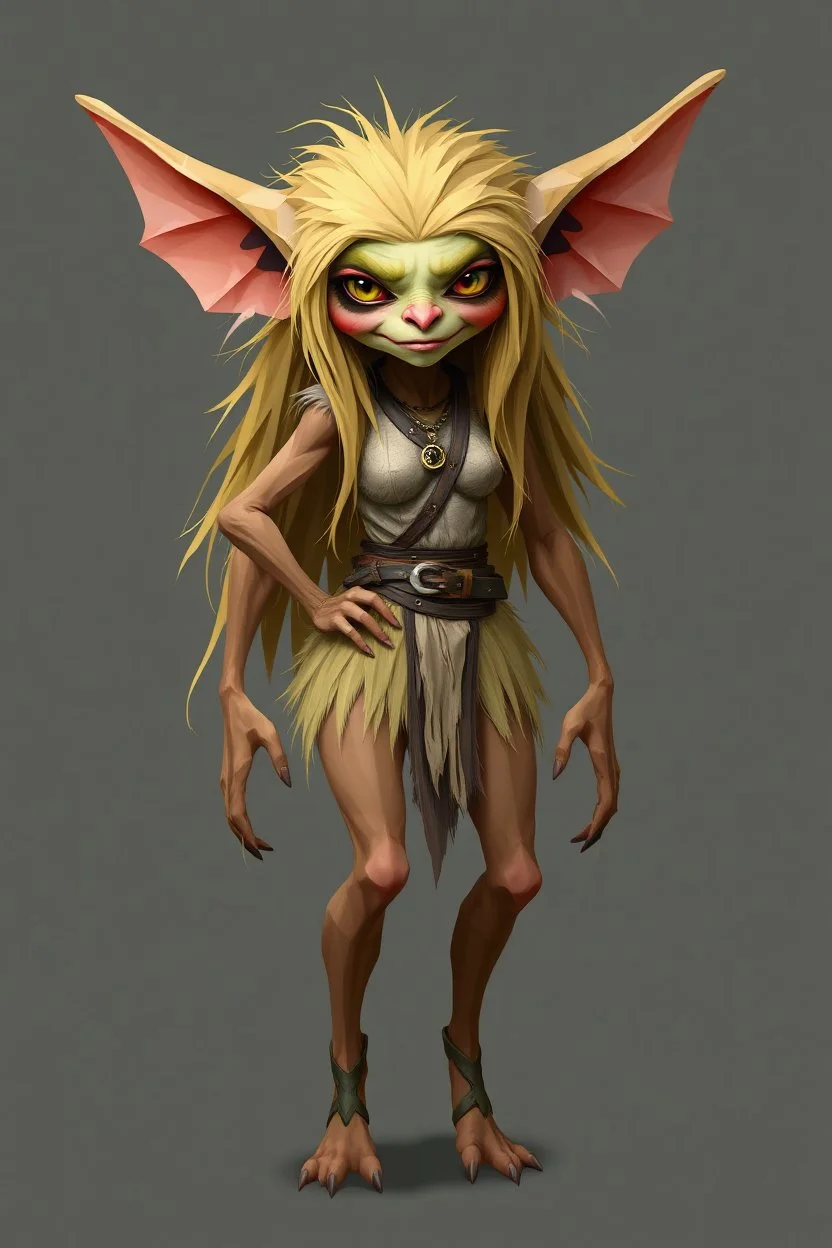 low poly gremlin woman with long fur all over her entire body