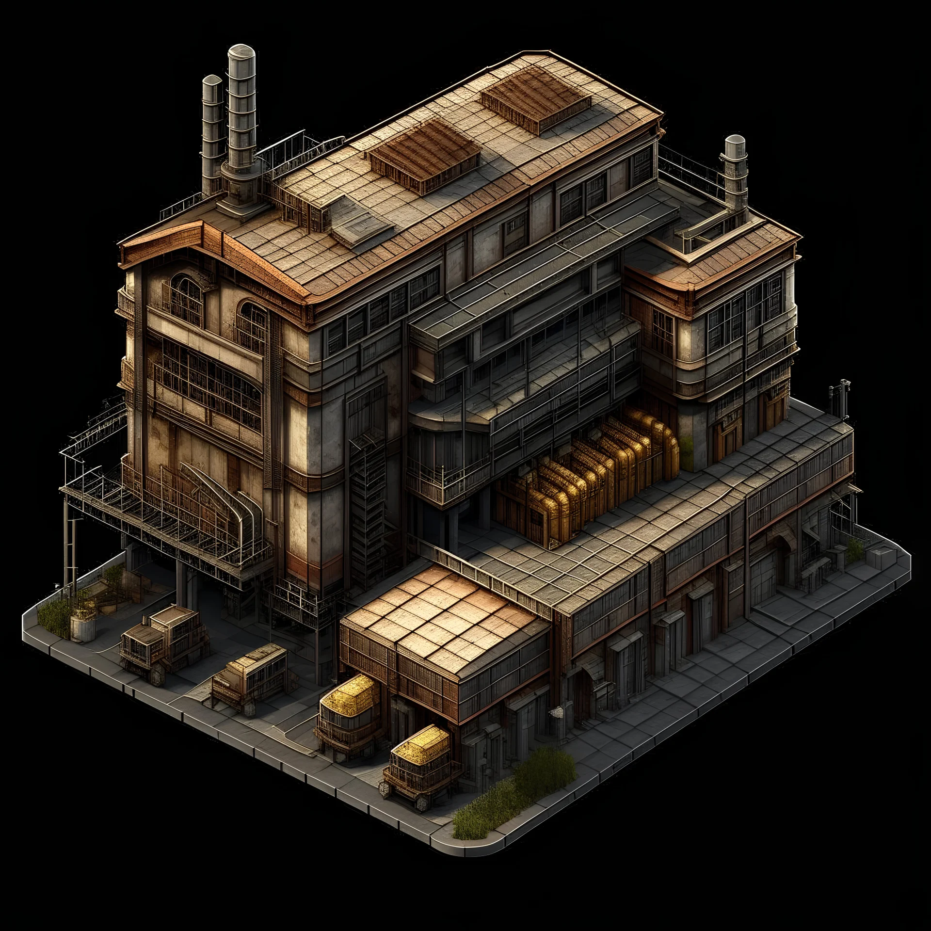 A high resolution very realistic, izometric image of "Warehouse". in the style of the game Factorio with no background with a 10 pixel transparent margin. The style is steampunk, factory, pollution, trending on ArtStation, 4K, hyper-realistic, focused, extreme details, Unreal Engine 5, cinematic