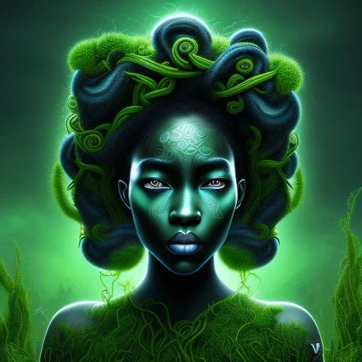 Painting .the face of A young black woman. A wood nymph emerging from the forest. Her hair looks like vines. Dreadlocs. Her skin is the colour of dark soil. Her skin looks like tree bark. Her clothing is made of vines, grass and leaves.