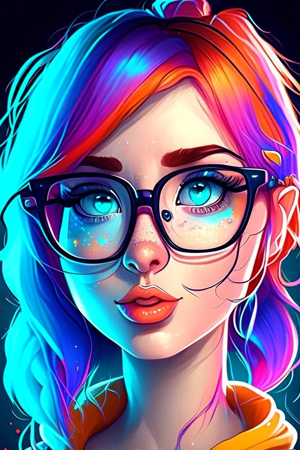 A very beautiful and attractive cartoon girl with colorful hair and a symmetrical face who wears glasses with a luminous face