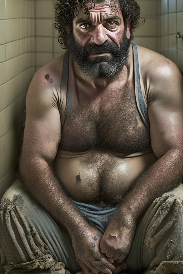 full figure shot frontal view photography of a wet dirty smiling arab stocky man 50 years old strong cute plumber sitting in a dirty old bathroom, in dirty underwear,, crossing arms, manly chest, beard, hairy arms, open legs, curly black hair, angry eyes, misery and poverty, emotive eyes, photorealistic, 35mm lens, f/1.4, hyper-realistic, very detailed, natural colours, dim lights, ambient occlusion, view angle from the floor